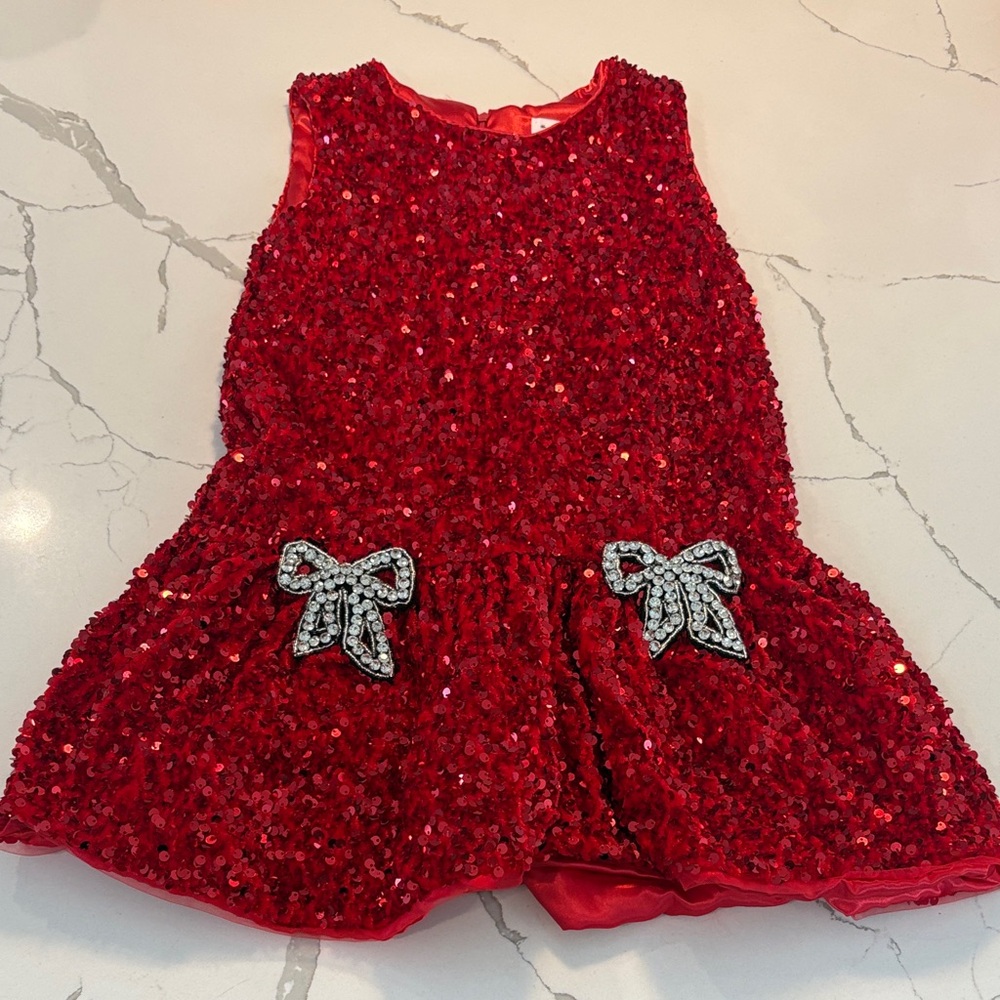 Lola + The Boys Red Sequin Dress with Silver Bows